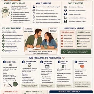 May include: An infographic titled "Mental Load in Relationships" with text and illustrations about sharing responsibilities. It includes sections on what mental load is, why it happens, and how to balance it, with practical tools and tips.