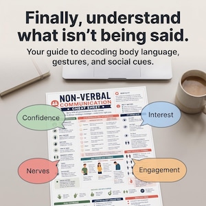 May include: A printed "Non-Verbal Communication Cheat Sheet" with the text "Finally, understand what isn't being said." The sheet includes sections on confidence, nerves, interest, and engagement. A laptop and a mug of coffee are also visible.