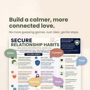 May include: A graphic with the text "Build a calmer, more connected love." The image details "Secure Relationship Habits" with 10 core habits. The image includes the words "Listen", "Connect", "Trust", "Breathe", and "Grow".