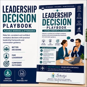 May include: A digital product titled Leadership Decision Playbook: Flexible Working & Attendance. The cover features dark blue and teal text, icons for better decisions, fair leadership, and confident outcomes, and an illustration of two professionals.