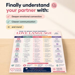 May include: A white and pink infographic titled "How to Speak Your Partner's Love Language." The infographic includes sections on words of affirmation, physical touch, receiving gifts, quality time, and acts of service. The text reads "Finally understand your partner with: deeper emotional connection, clearer communication, and more!"