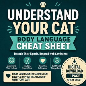 May include: A teal and white digital download cheat sheet titled "Understand Your Cat." The guide covers cat body language, with sections on understanding feelings, tail and ear cues, and building trust. Includes a digital download icon.