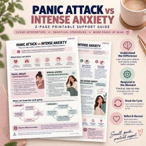 Puede incluir: Una guía de apoyo imprimible de dos páginas titulada Panic Attack vs Intense Anxiety. El documento presenta textos educativos, diagramas e ilustraciones que explican las diferencias, los síntomas compartidos y las estrategias de gestión de la ansiedad.