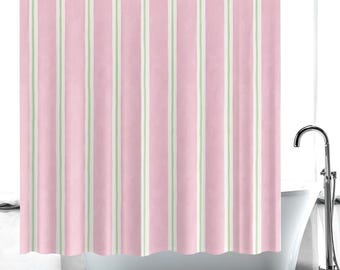 Quick dry pink stripe shower curtain, modern bathroom decor, waterproof liner-free
