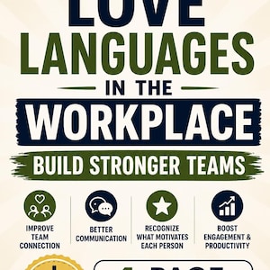 May include: A digital download graphic with the text "Love Languages in the Workplace" in dark blue and green. The graphic includes icons for improving team connection, better communication, recognizing motivation, and boosting productivity. It also says "1 Page Cheat Sheet, Instant Access."