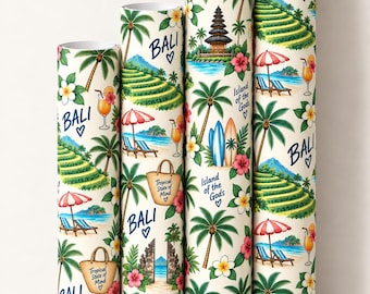 May include: Four cylindrical tubes featuring a repeating pattern of Bali-themed illustrations including palm trees, rice terraces, beach chairs with umbrellas, tropical flowers, surfboards, temples, and tote bags with the text Tropical State of Mind.