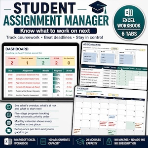Könnte beinhalten: Eine digitale Excel-Arbeitsmappe zur Verwaltung von Studentenaufgaben mit Dashboard, Aufgabenverfolgung und Kalender. Die Benutzeroberfläche zeigt den Fortschritt der Kursarbeit, Fristen und den Modulstatus mit Texten wie "6 TABS" an.