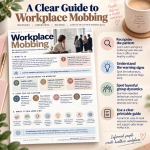 May include: A printed educational guide titled A Clear Guide to Workplace Mobbing, featuring sections on recognising, understanding, and responding to workplace mistreatment. The document includes icons, text, and a photograph of office workers.