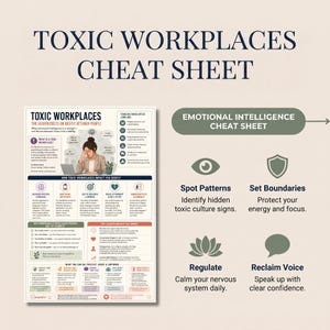 Peut inclure: Une infographie numérique intitulée Toxic Workplaces Cheat Sheet et Emotional Intelligence Cheat Sheet. Le document présente des sections sur les impacts des lieux de travail toxiques, les signes de cultures toxiques et des stratégies.