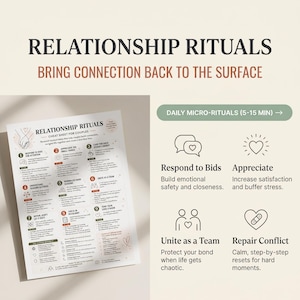 May include: A relationship rituals cheat sheet for couples featuring nine numbered habits, including respond to bids and unite as a team. The document includes a section for daily micro-rituals and explains the science behind these connection-building practices.