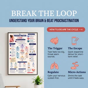 May include: A framed educational poster titled The Procrastination Loop, featuring a diagram explaining brain function and procrastination. The text includes sections on triggers, the escape cycle, and methods to regulate and perform micro-actions.