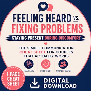 Op de afbeelding: Een digitale downloadafbeelding in marineblauw en roze. De tekst luidt "Gehoord worden vs. Problemen oplossen" en "De eenvoudige communicatie cheat sheet voor koppels die echt werken". Pictogrammen: oor, hart en mensen.