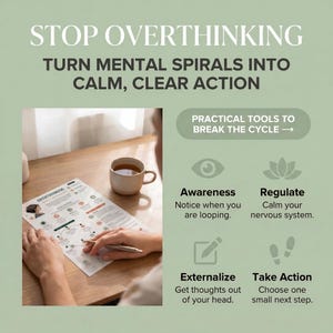 May include: A light green informational graphic titled STOP OVERTHINKING, TURN MENTAL SPIRALS INTO CALM, CLEAR ACTION. It features a document with diagrams, a coffee mug, and four sections: Awareness, Regulate, Externalize, and Take Action.