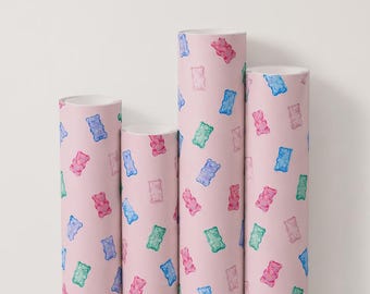 Gummi bear wrapping paper, pastel candy bear gift wrap, pink background