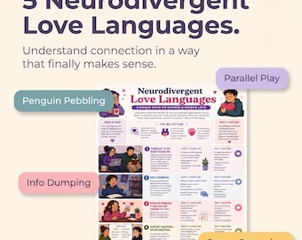 May include: An infographic titled "5 Neurodivergent Love Languages" with a purple and pink color scheme. It explains five ways of expressing and receiving love, including "Penguin Pebbling" and "Spoon Swapping." The text is in a sans-serif font.