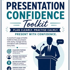 Può includere: Un kit digitale stampabile in formato PDF A4 intitolato Presentation Confidence Toolkit. Il documento presenta la sagoma di una persona a un podio, con sezioni di testo per pianificare, gestire i nervi e fare presentazioni efficaci.