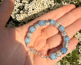 Pulsera de aguamarina, pulsera con detalles de plata y cuentas, delicado regalo de joyería de cristal.
