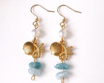 Pendientes de aguamarina con forma de estrella de mar, chapados en oro de 18 quilates, de acero inoxidable, joyería de perlas y conchas marinas, regalo veraniego costero.
