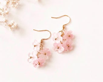 Pendientes de flores, pendientes de flor de cerezo, joyería floral femenina, bonito regalo para ella, chapados en oro de 18 quilates.