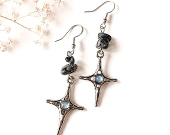 Pendientes de estrella, estilo Y2K, pendientes colgantes de obsidiana negra, pendientes góticos de plata, joyería alternativa de estilo brujo.