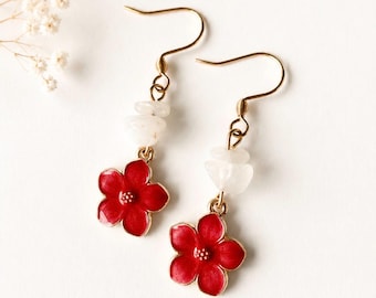 Pendientes florales, flor roja, cristal de piedra lunar, chapados en oro de 18k, bonito regalo de joyería