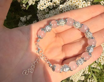 Pulsera de cristal de cuarzo rosa, delicada joyería con cuentas, piedra curativa para el amor propio, pulsera con dije de plata, lindo regalo para ella.