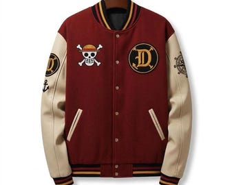 One Piece Anime Varsity Jacke - Strohhut Piraten Bomberjacke für Männer, Ruffy inspiriert Streetwear, Otaku Geschenk