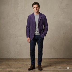 May include: A purple corduroy blazer with a gray sweater and navy blue pants. The outfit is completed with brown suede shoes. The clothing is displayed on a wooden floor with a neutral background.