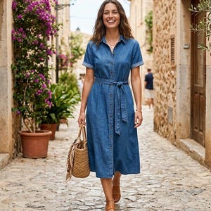 short sleeve denim midi dress ClodeEU Women's Collar Button Down Shirt Dress,Casual Loose with Pocket Blue,Women's Plus M gathered waistband and spacious side pockets Trina Turk Ashe 2 Short