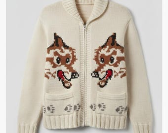 Western Wolf Graphic Knit Sweater - Shawl Neck Zip Cardigan for Men - Heavyweight Chunky Knit Jacket - Southwest Style Cabin Wear