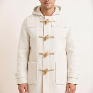 Duffle  Off-White Wool Coat with Hood, Classic Winter Overcoat with Rope Toggle Closure, Handmade British Style Warm Peacoat