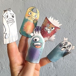 Hoja de manualidades para marionetas de dedo de monstruos del estado de ánimo, impresa en papel reciclado