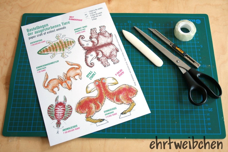 paper craft of extinct animals, cut-out sheet, printed on recycling paper image 2