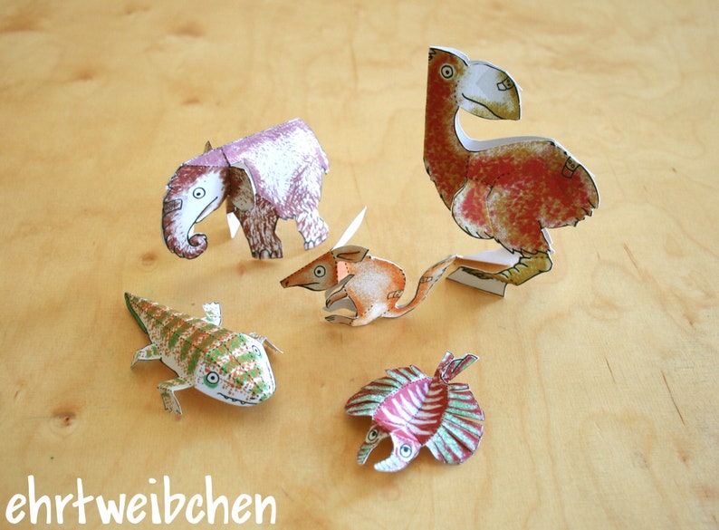 paper craft of extinct animals, cut-out sheet, printed on recycling paper image 1