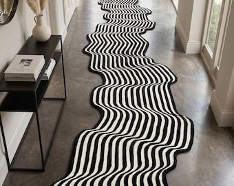 Black White Hand Tufted Runner Rug, Wavy Striped Hallway Rug, Long Corridor Carpet, Custom Irregular Shape Rug 2x9 2x13 2.5x14 3x8 3x12 3x16