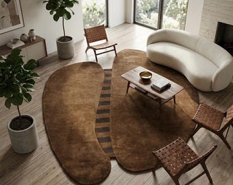 Modern Hand-Tufted Brown Abstract Rug, Organic Shape Area Rug, Luxury Coffee Brown Irregular Carpet,Living Room bedroom rug 6x9 7x10 8x10 ft