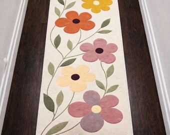 Hand Tufted Floral Runner Rug Cream Base Colorful Flower Design Blue Yellow Pink Orange  Hallway, Entryway, Kitchen Runner Rug  2x8 2x12 3x8