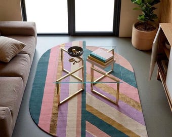 Hand Woven Abstract Shape Rug, Pink Teal Gold Beige Modern Rug, Irregular Contemporary Hand tufted Area Rug, 4x6 6x10 7x9 8x10 10x14 12x15