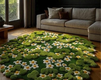 Luxury Moss Green Floral Rug, Hand Tufted Wool Daisy Rug, Irregular Shape Nature Rug, 3D Texture Carpet, 8x10 10x14 12x15 12x18 10x16