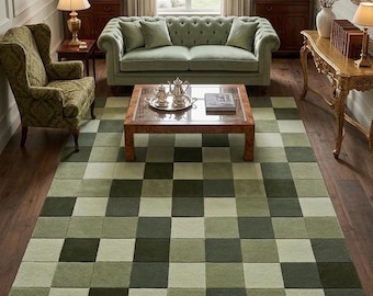 Hand Tufted Checkerboard Rug Green Sage Olive | Modern Geometric Area Rug | Soft Plush Wool, Scandinavian Living Room Rug 6x9 7x10 8x10ft
