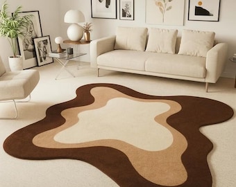 Organic Abstract Brown & Beige Wool Rug | Modern Irregular Area Rug | Luxury Handmade Hand Tufted Carpet for Living Room Decor