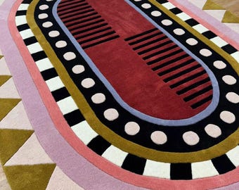 Pink, Olive Green, Burgundy & Black Geometric handtufted wool rug, Statement Carpet for Living Room Bedroom 3x6 4x6 5x8 6x9 7x11 8x10 9x12