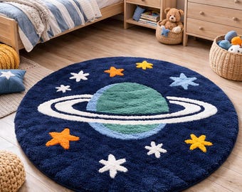 Kids Space Hand-Tufted Rug, Navy Blue Planet & Stars Round Rug, Galaxy Nursery Rug, Soft Kids Bedroom Carpet, 3x6 4x6 6x10 7x10 8x10 10x14