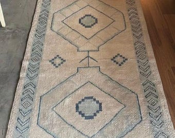 Hand Knotted Oushak Runner Rug, Beige Blue Turkish Style Hallway Rug, For Long Corridor, Kitchen & Entryway Rug 2x6 2x10 2.5x10 2.5x14 3x8ft