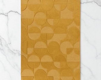 Mustard Yellow Hand Woven Area Rug, Modern Geometric Wool Rug, Abstract Circle Pattern Carpet, Minimalist Living Room & Bedroom Rug