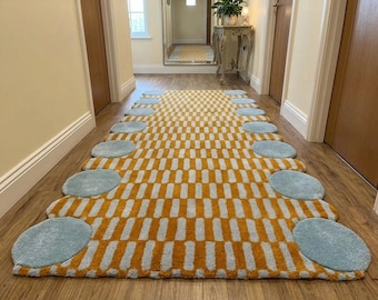 Hand Tufted Runner Rug Rust Orange & Grey Circles | Modern Abstract Hallway Rug | Soft Plush Wool runner rug2x8 2x10 2.5x10 2.5x14 3x14 3x16