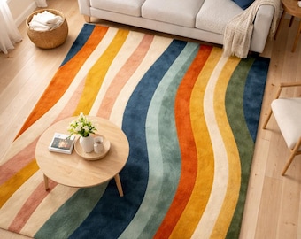 Ręcznie tkany, abstrakcyjny dywan w kolorowe faliste paski, niebieski, zielony, pomarańczowy, musztardowy, różowy, nowoczesny dywan do salonu, wymiary 7x10, 8x10, 10 x 14 stóp.