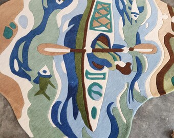 Blue Green Abstract Ocean Area handtufted Rug, Modern Irregular Wool Carpet, Coastal Living Room Statement Decor 4x6 5x8 6x9 7x11 8x10 9x13