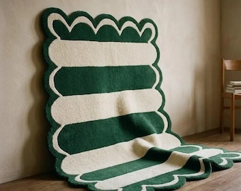 Unique Hand Tufted Wool Scalloped Rug, Green & Cream Striped Rug, Modern Wavy Border Area Rug, Custom Size Living Room