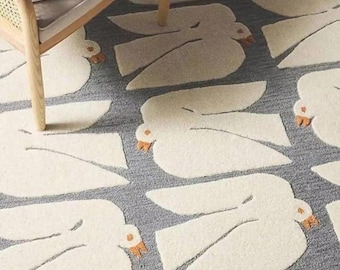 Swan Grey & Ivory Wool Hand tufted Area Rug, Scandinavian Animal Pattern Rug, Modern Living Room Rug, Nursery Decor Rug 4x6 7x10 8x10 10x14